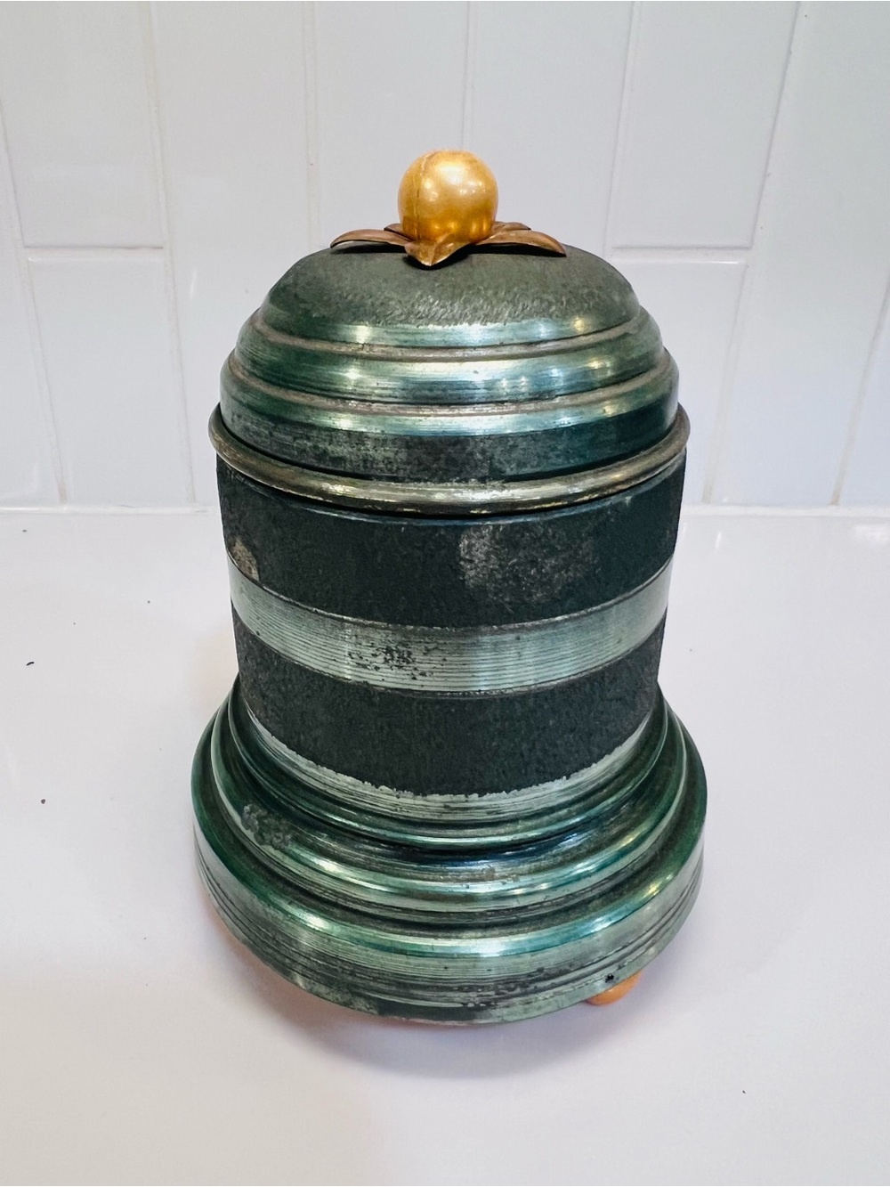Vintage Green Verdigris Bell-Shaped Musical Trinket Vanity Box w/ Gilt Flower